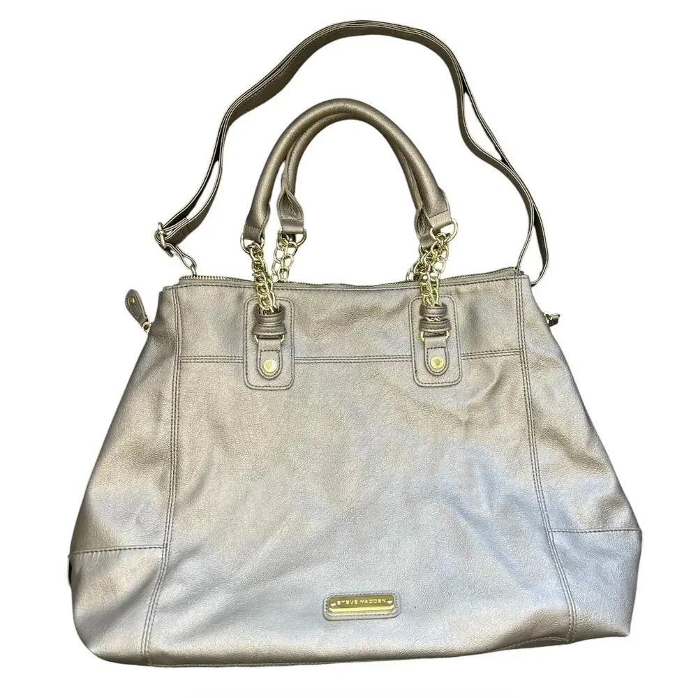 Steve Madden Metallic Taupe Tote with Chain-Accent Handles hand bag neutral